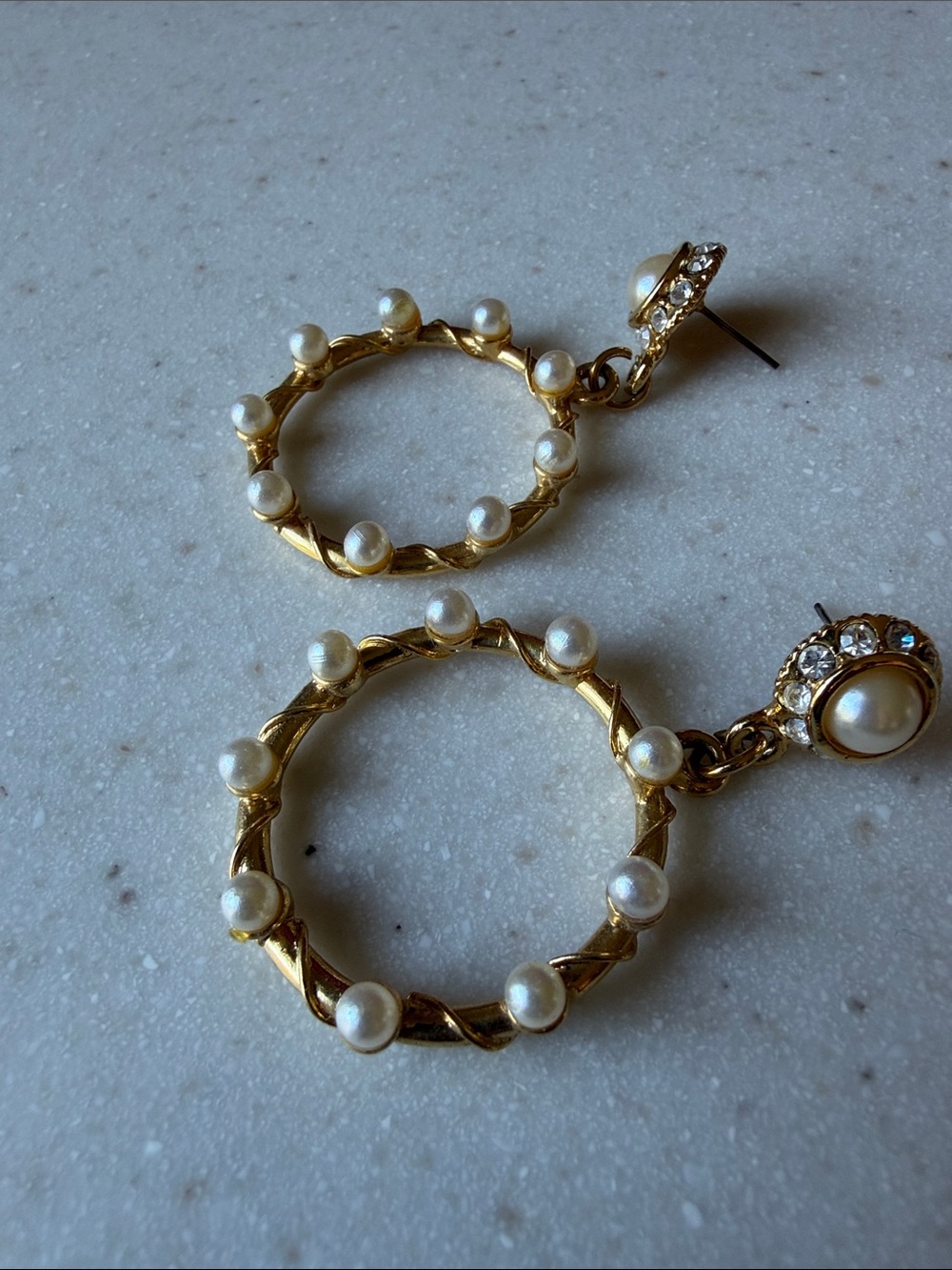 Vintage 1990s Gold tone Woven faux Pearl Hoop-Drop Statement pierced Earrings